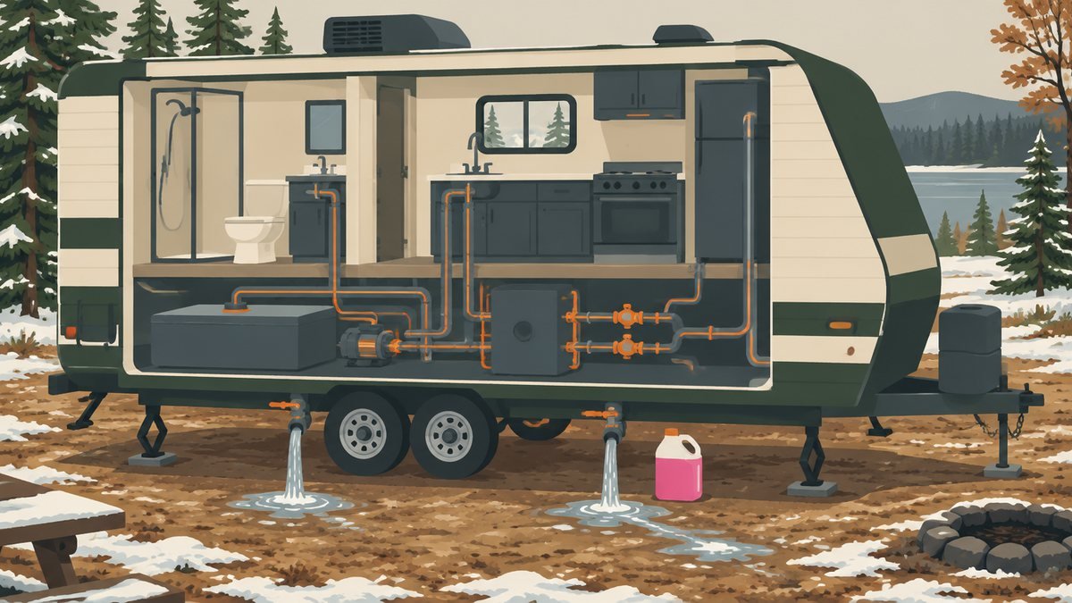 Flat illustration of a travel trailer cutaway showing its fresh water tank, pump, water heater and plumbing lines, with low-point drains open and a jug of pink RV antifreeze at a snowy campground