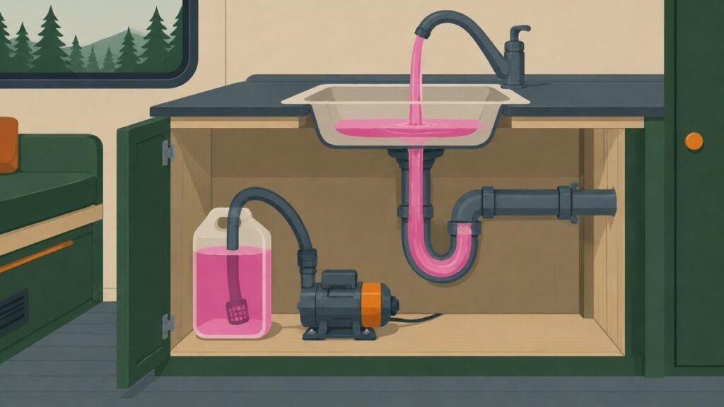 Illustration of pink RV antifreeze flowing from a kitchen faucet into the sink drain trap while a water pump draws antifreeze from a jug inside the cabinet