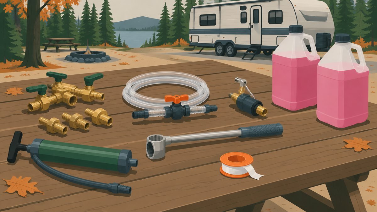 Flat illustration of RV winterizing kit parts on a campground picnic table: water heater bypass valves, pump converter hose, blow-out plug, hand pump, wrench, thread seal tape and jugs of pink antifreeze