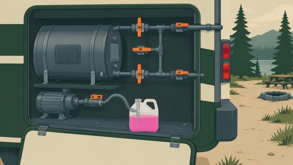 Cutaway illustration of an RV water heater compartment with bypass valves set to skip the tank and a pump converter hose drawing pink antifreeze from a jug